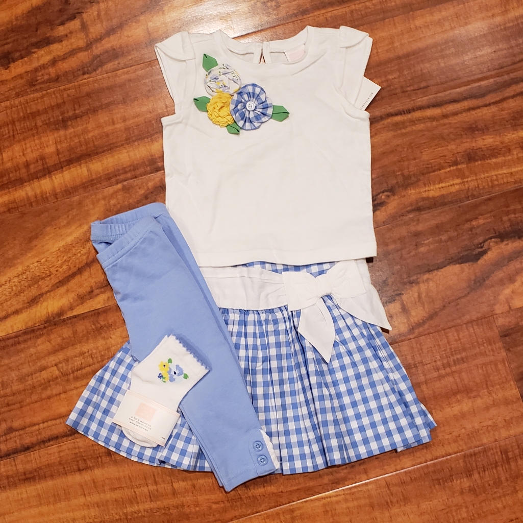 Janie And Jack Nwt 3-6 Months Floral Applique Shirt, Gingham Skirt, Socks, Pants